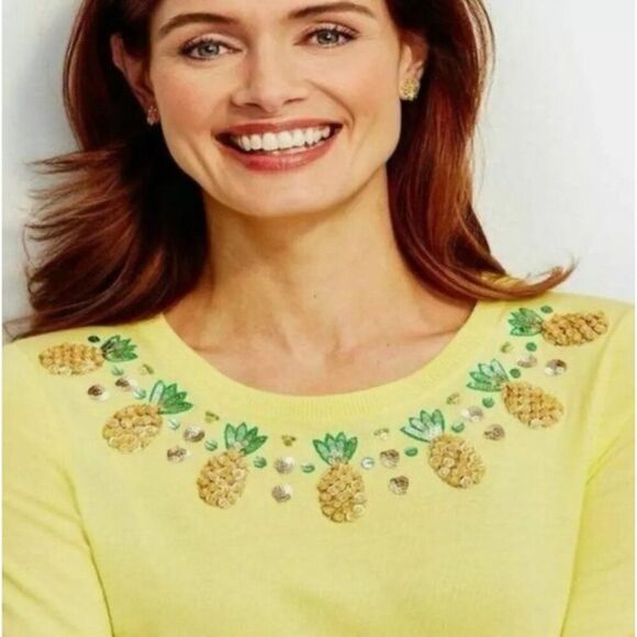 Talbots Sweater Size Medium Yellow Pineapple Hand Beaded NWOT - Picture 2 of 10